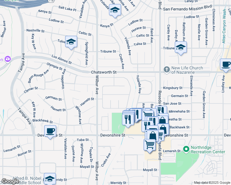 map of restaurants, bars, coffee shops, grocery stores, and more near 18777 Fairfield Road in Los Angeles
