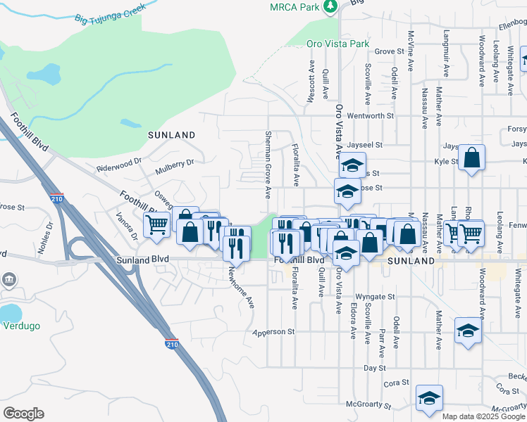 map of restaurants, bars, coffee shops, grocery stores, and more near 10623 Sherman Grove Avenue in Los Angeles