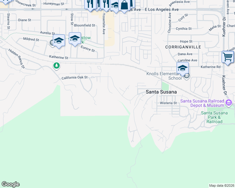 map of restaurants, bars, coffee shops, grocery stores, and more near 1259 Gonzales Road in Simi Valley