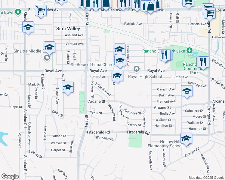 map of restaurants, bars, coffee shops, grocery stores, and more near 1277 Pride Street in Simi Valley