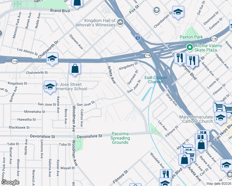 map of restaurants, bars, coffee shops, grocery stores, and more near 10544 Stanwin Avenue in Los Angeles