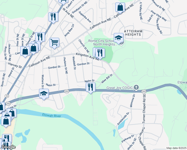 map of restaurants, bars, coffee shops, grocery stores, and more near 206 Church Street Northeast in Rome