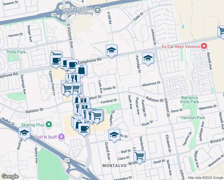 map of restaurants, bars, coffee shops, grocery stores, and more near 6324 Oriole Street in Ventura