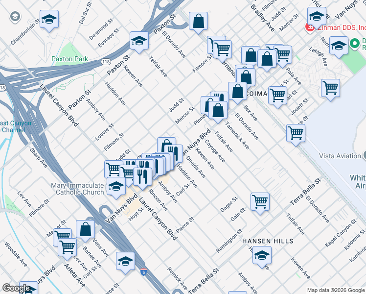 map of restaurants, bars, coffee shops, grocery stores, and more near 10525 Oneida Avenue in Los Angeles