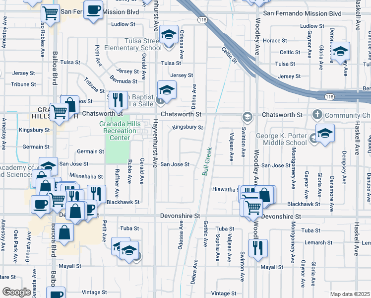 map of restaurants, bars, coffee shops, grocery stores, and more near 16451 San Jose Street in Los Angeles