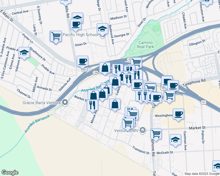 map of restaurants, bars, coffee shops, grocery stores, and more near 1301 Callens Road in Ventura
