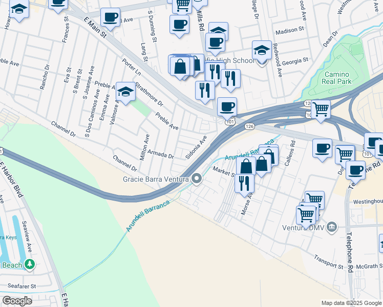 map of restaurants, bars, coffee shops, grocery stores, and more near 3398 Armada Drive in Ventura
