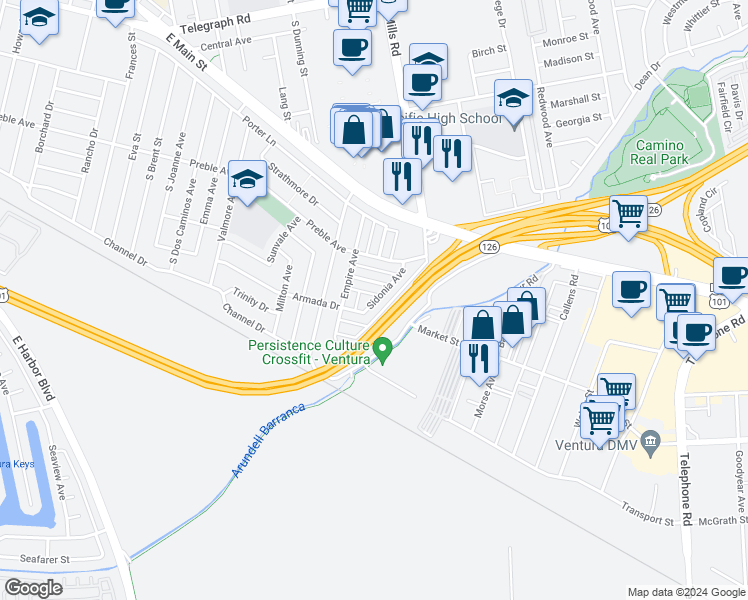 map of restaurants, bars, coffee shops, grocery stores, and more near 3398 Armada Drive in Ventura