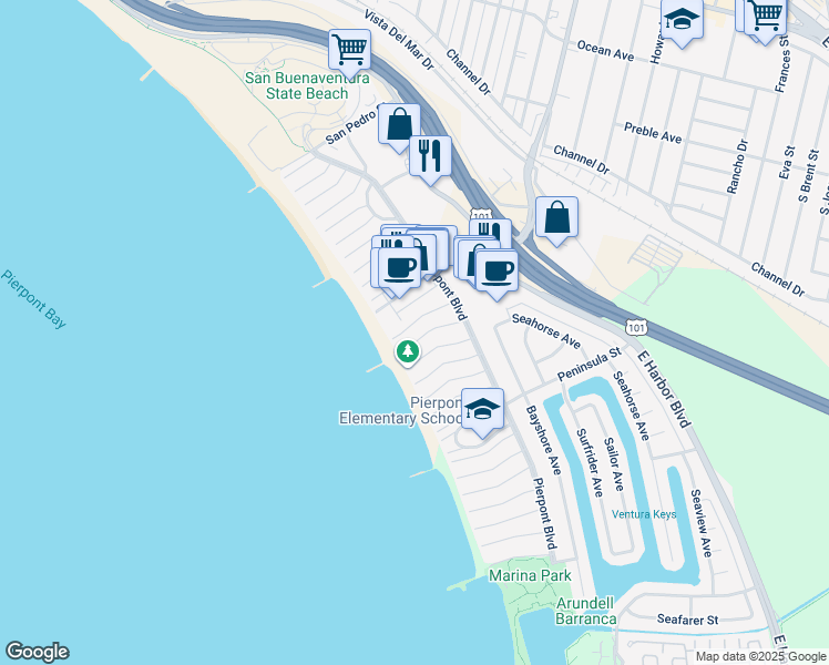 map of restaurants, bars, coffee shops, grocery stores, and more near 1173 Shelburn Lane in Ventura