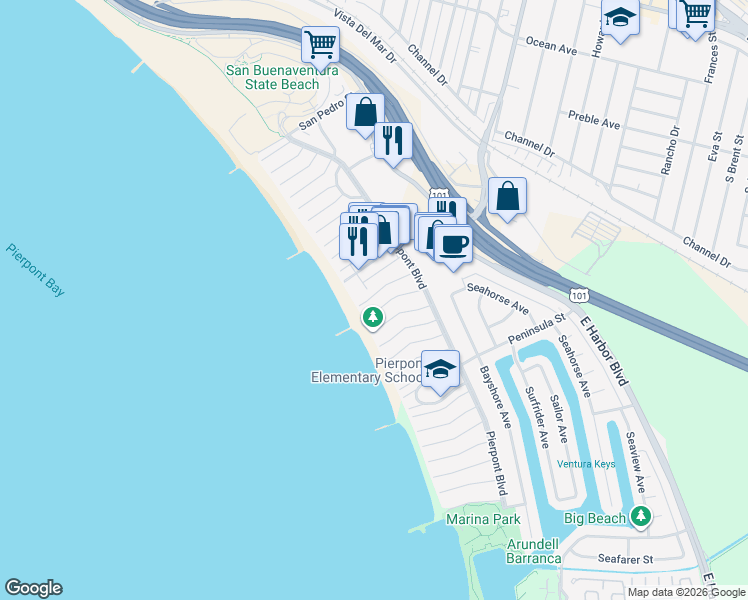 map of restaurants, bars, coffee shops, grocery stores, and more near 1173 Shelburn Lane in Ventura