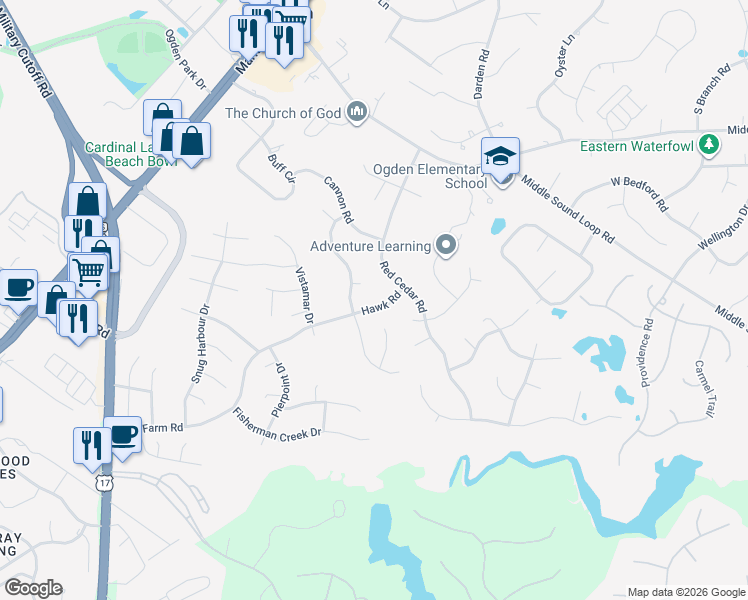 map of restaurants, bars, coffee shops, grocery stores, and more near 7600 Hawk Road in Wilmington
