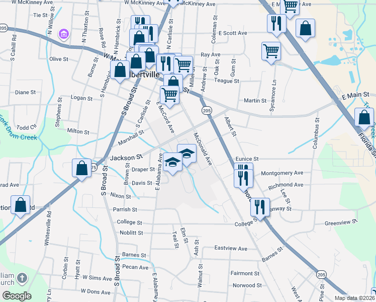 map of restaurants, bars, coffee shops, grocery stores, and more near 402 East McCord Avenue in Albertville
