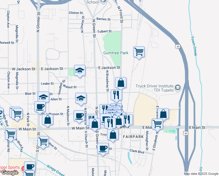 map of restaurants, bars, coffee shops, grocery stores, and more near 363 North Broadway Street in Tupelo