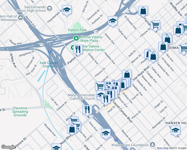 map of restaurants, bars, coffee shops, grocery stores, and more near 10558 Laurel Canyon Boulevard in Los Angeles