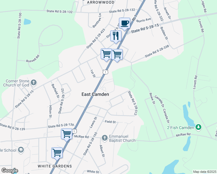 map of restaurants, bars, coffee shops, grocery stores, and more near 1730 Jefferson Davis Highway in Camden
