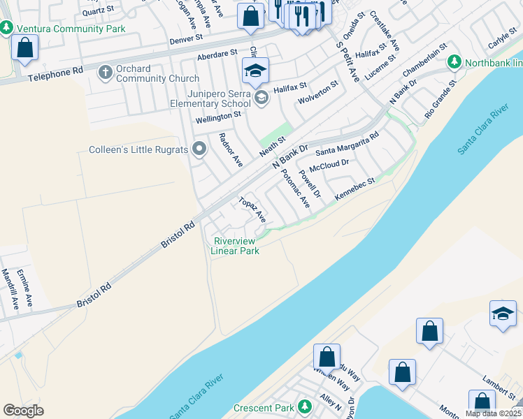 map of restaurants, bars, coffee shops, grocery stores, and more near 1874 Topaz Avenue in Ventura