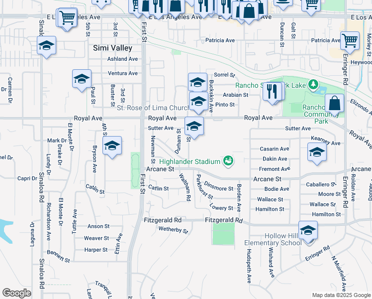 map of restaurants, bars, coffee shops, grocery stores, and more near 1277 Pride Street in Simi Valley