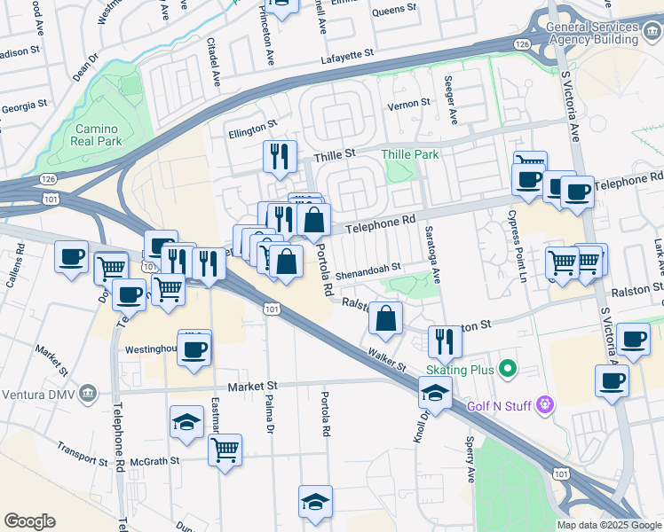 map of restaurants, bars, coffee shops, grocery stores, and more near 1226 Portola Road in Ventura