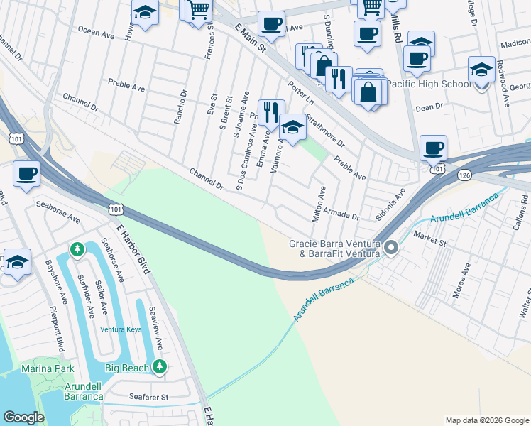 map of restaurants, bars, coffee shops, grocery stores, and more near 3098 Channel Drive in Ventura