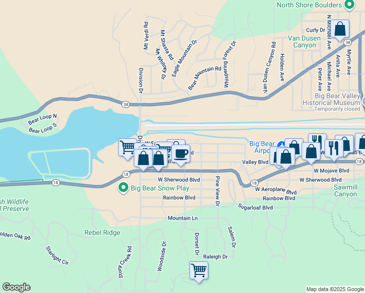 map of restaurants, bars, coffee shops, grocery stores, and more near 1002 West Fairway Boulevard in Big Bear Lake