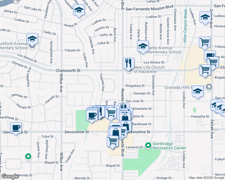 map of restaurants, bars, coffee shops, grocery stores, and more near 18531 San Jose Street in Los Angeles