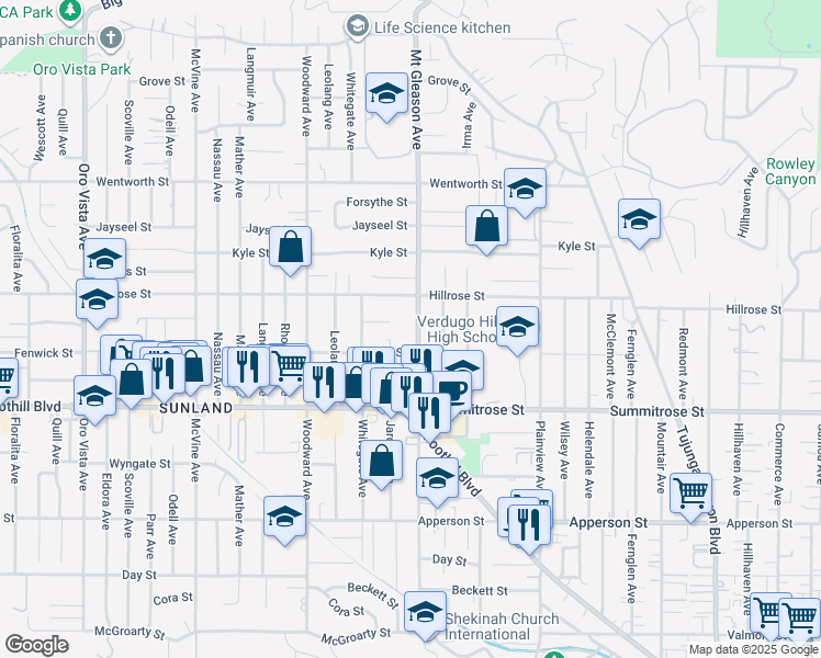 map of restaurants, bars, coffee shops, grocery stores, and more near 10625 Mount Gleason Avenue in Los Angeles