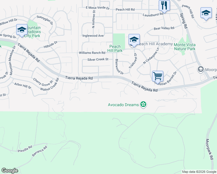 map of restaurants, bars, coffee shops, grocery stores, and more near 13133 Thomasville Court in Moorpark