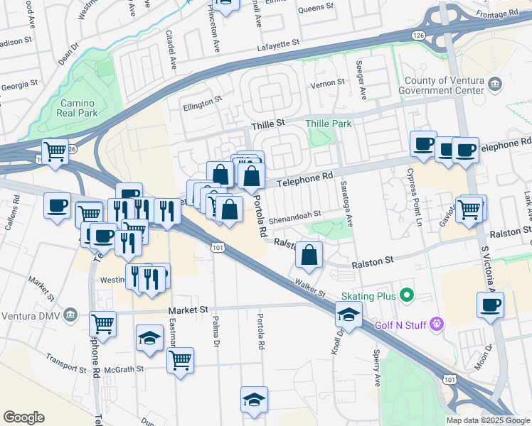map of restaurants, bars, coffee shops, grocery stores, and more near 1226 Portola Road in Ventura