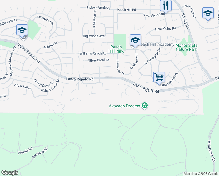 map of restaurants, bars, coffee shops, grocery stores, and more near 13133 Thomasville Court in Moorpark