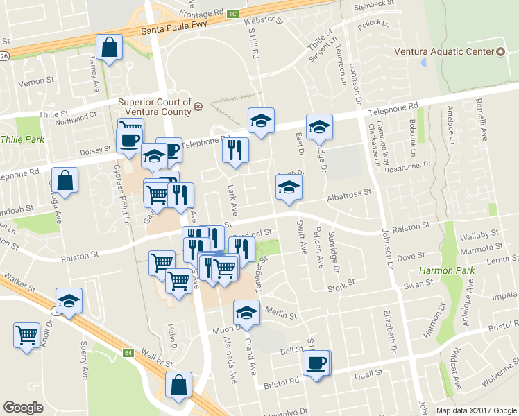 map of restaurants, bars, coffee shops, grocery stores, and more near 6324 Oriole Street in Ventura