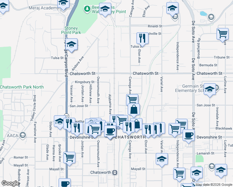 map of restaurants, bars, coffee shops, grocery stores, and more near 10545 Willowbrae Avenue in Los Angeles