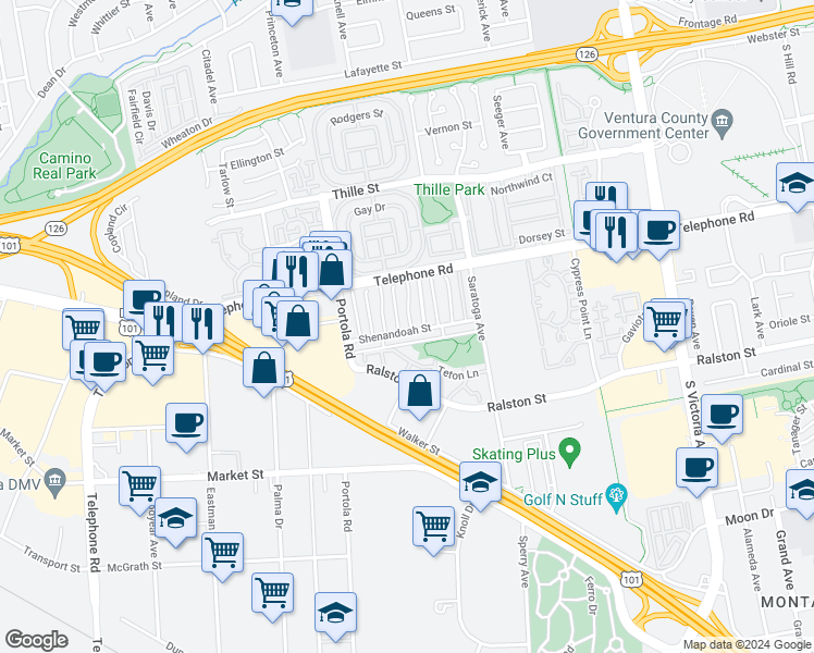 map of restaurants, bars, coffee shops, grocery stores, and more near 1262 Bryce Way in Ventura