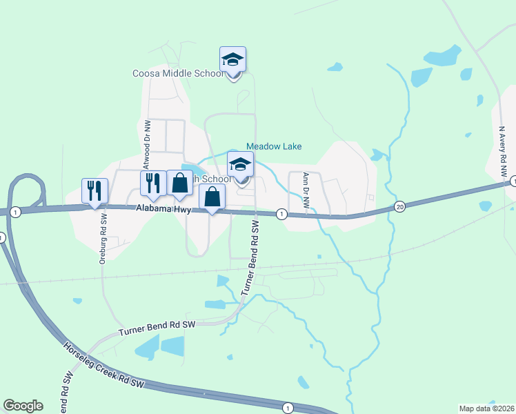 map of restaurants, bars, coffee shops, grocery stores, and more near 4451 Alabama Highway in Rome