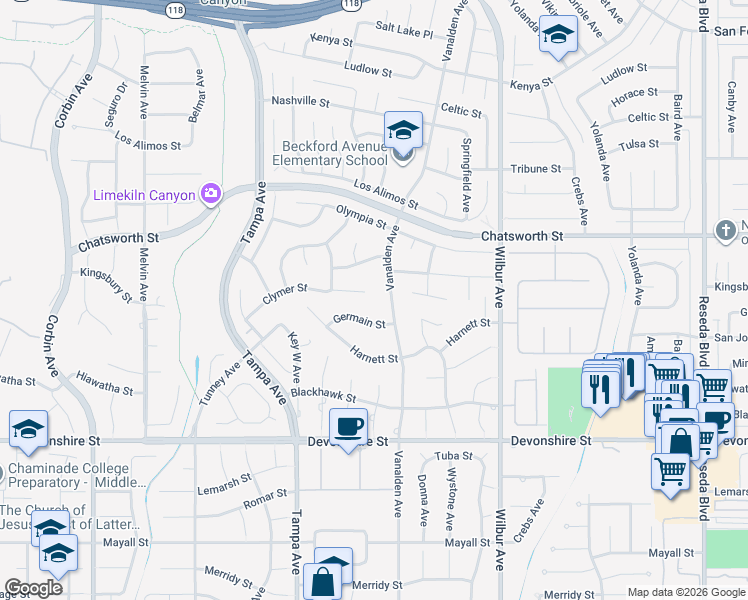 map of restaurants, bars, coffee shops, grocery stores, and more near 19122 Clymer Street in Los Angeles