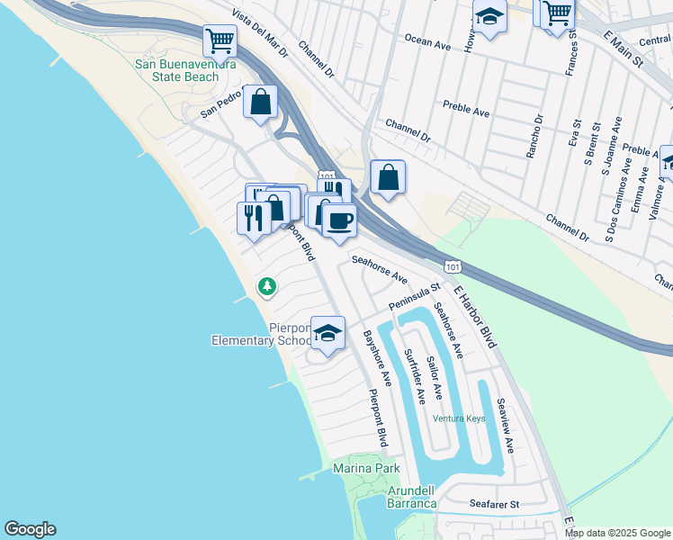 map of restaurants, bars, coffee shops, grocery stores, and more near 2431 Bayshore Avenue in Ventura