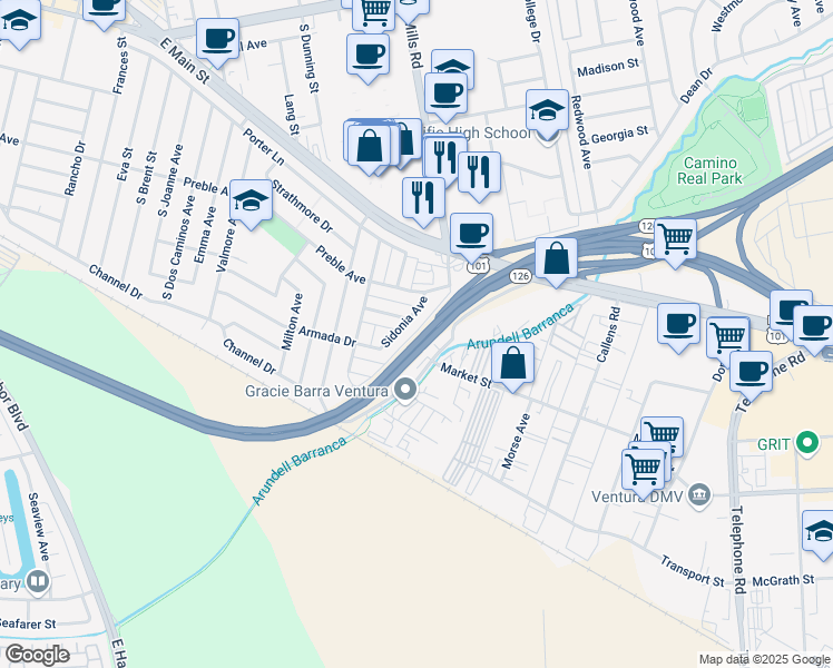 map of restaurants, bars, coffee shops, grocery stores, and more near in Ventura