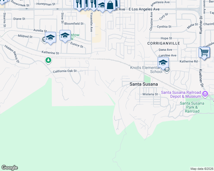 map of restaurants, bars, coffee shops, grocery stores, and more near 5893 Oak Knolls Road in Simi Valley