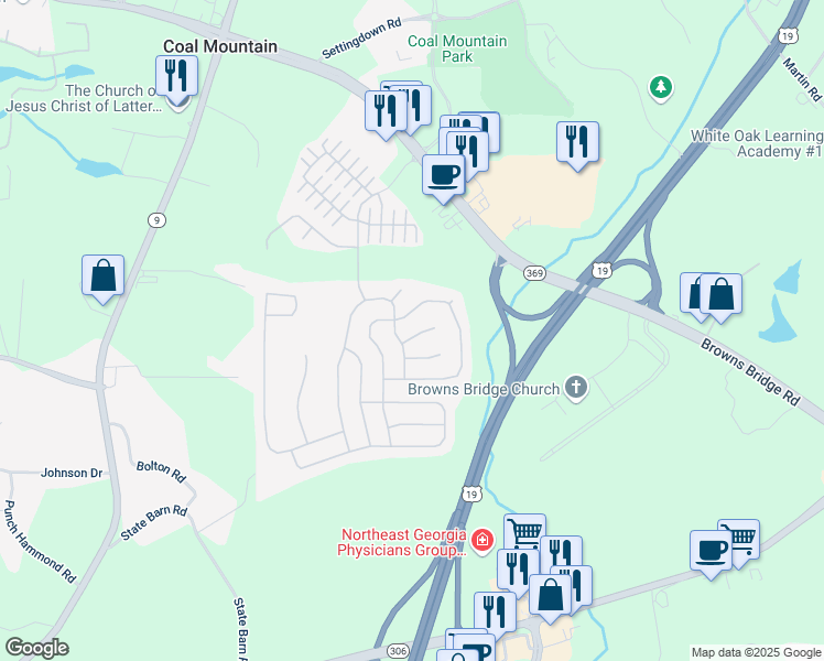map of restaurants, bars, coffee shops, grocery stores, and more near 3625 New River Court in Cumming