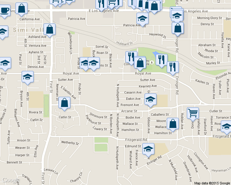 map of restaurants, bars, coffee shops, grocery stores, and more near 1263 Hudspeth Avenue in Simi Valley