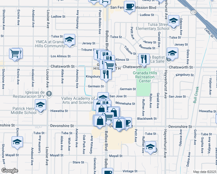 map of restaurants, bars, coffee shops, grocery stores, and more near 10540 Balboa Boulevard in Los Angeles