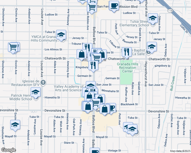 map of restaurants, bars, coffee shops, grocery stores, and more near 10540 Balboa Boulevard in Los Angeles