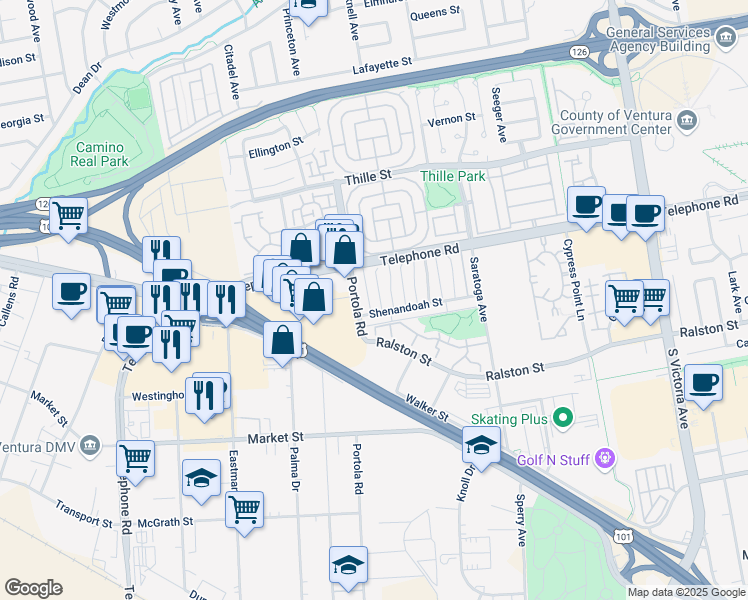 map of restaurants, bars, coffee shops, grocery stores, and more near 1225 Acadia Place in Ventura