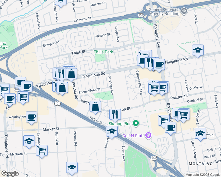 map of restaurants, bars, coffee shops, grocery stores, and more near 1215 Saratoga Avenue in Ventura