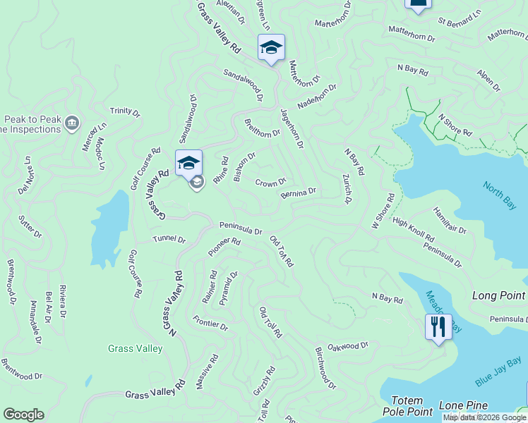 map of restaurants, bars, coffee shops, grocery stores, and more near 27236 Bernina Drive in Lake Arrowhead