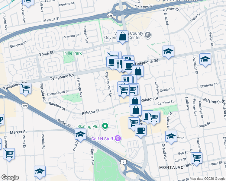 map of restaurants, bars, coffee shops, grocery stores, and more near 1321 San Simeon Court in Ventura