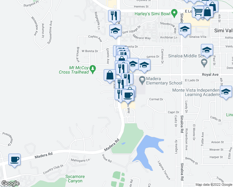 map of restaurants, bars, coffee shops, grocery stores, and more near 1292 Acapulco Avenue in Simi Valley