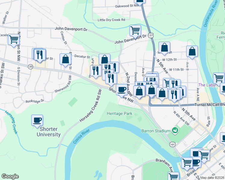 map of restaurants, bars, coffee shops, grocery stores, and more near 101 Georgia 20 in Rome