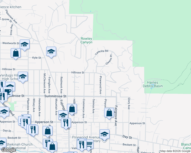 map of restaurants, bars, coffee shops, grocery stores, and more near 7141 Hillrose Street in Los Angeles