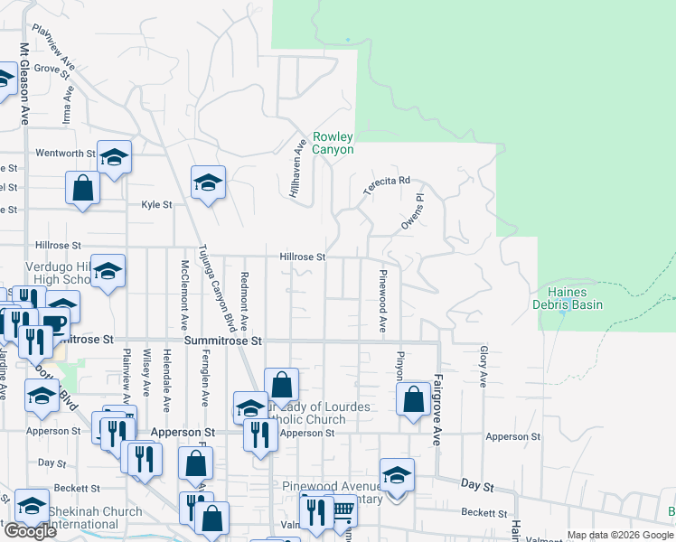 map of restaurants, bars, coffee shops, grocery stores, and more near 10701 Commerce Avenue in Los Angeles