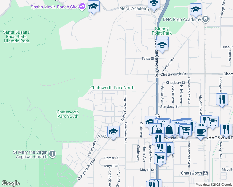 map of restaurants, bars, coffee shops, grocery stores, and more near 22212 Germain Street in Los Angeles